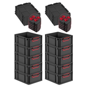 PROREGAL SuperSparSet 10x Eurobox Nextgen Color Mit Auflagedeckel HxBxT 17x30x40cm 16 Liter Schwarz Griffe Rot Geschlossen Eurobehälter Transportbox
