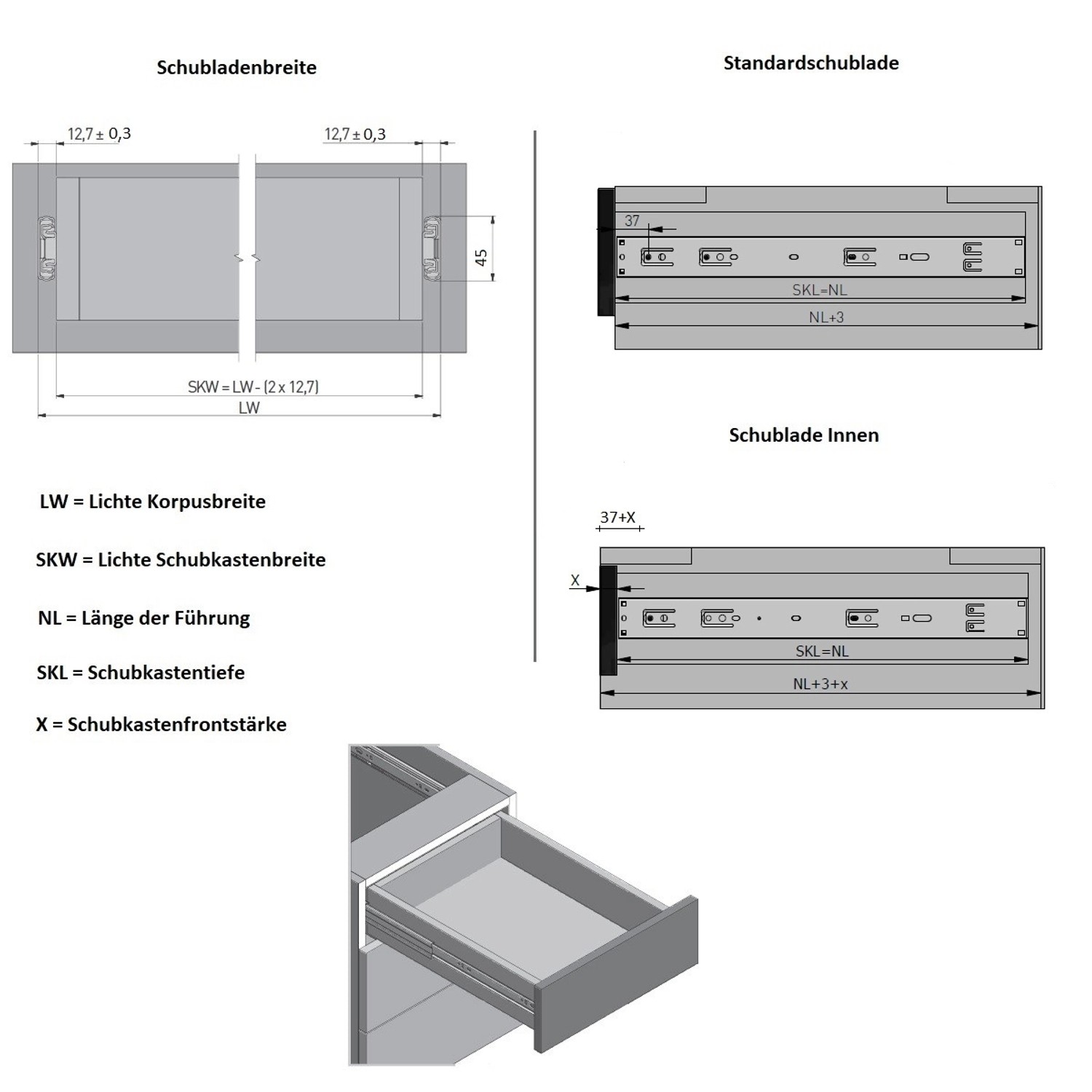 Technische Zeichnung: MS Beschläge Schubladenauszug, 600 mm, Maße und Einbauhinweise.
