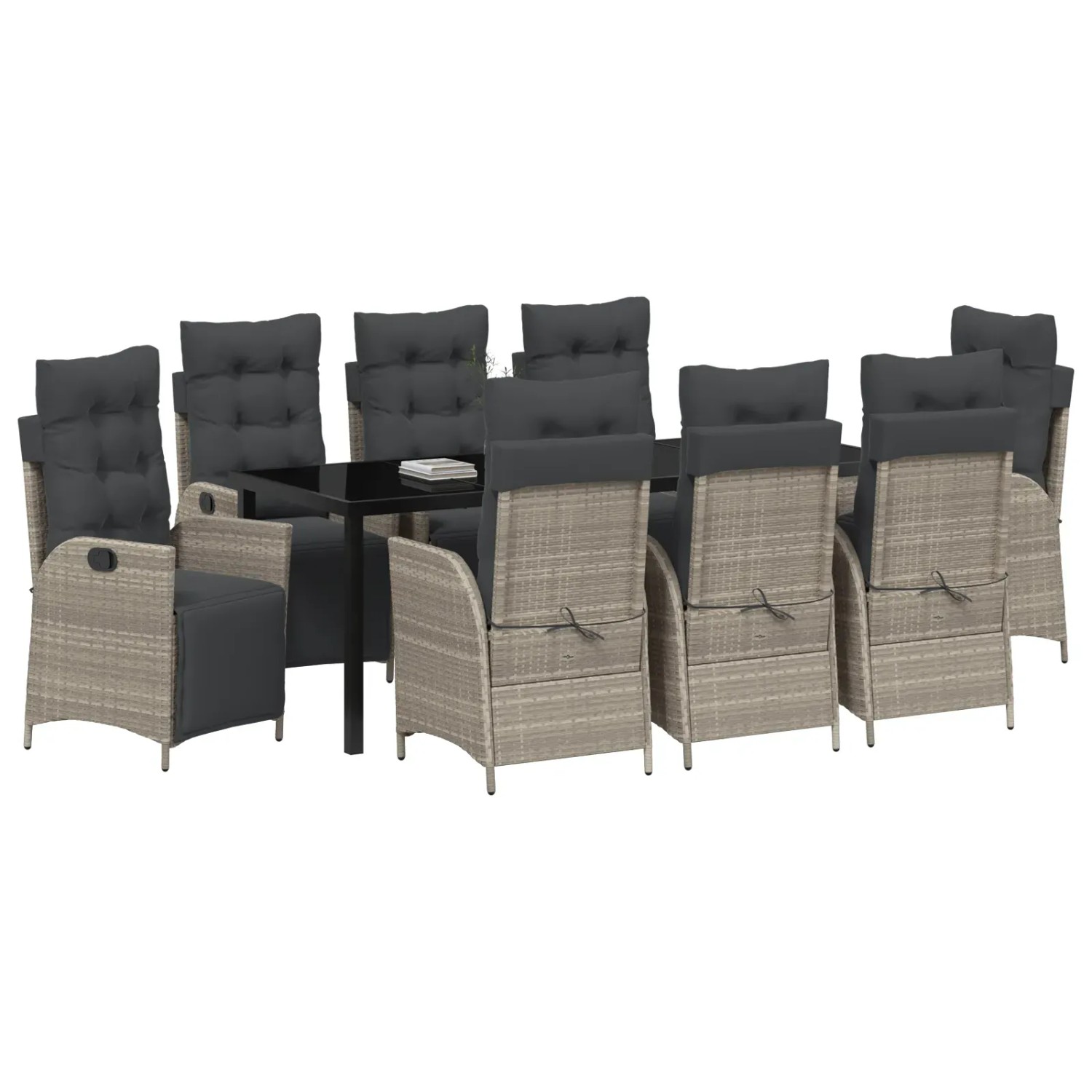 Hellgraue 9-teilige Garten Essgruppe aus Poly Rattan mit Tisch und 8 Stühlen.