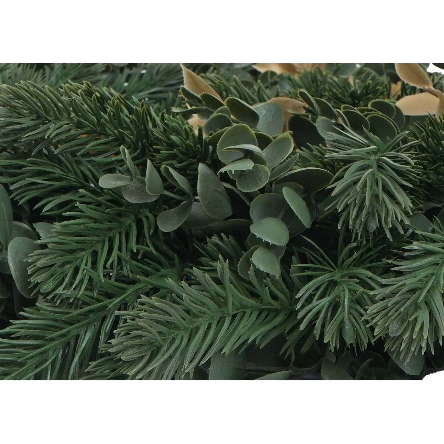 Künstlicher Weihnachtskranz mit grünen Tannenzweigen, Blättern und goldenen Zapfen. Ø 45cm Deko.