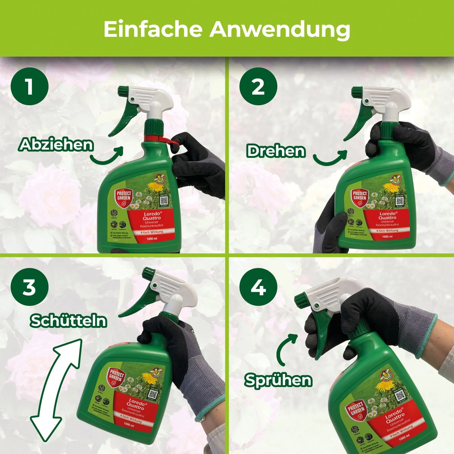 Anleitung: Protect Garden Universal-Rasenunkrautfrei Loredo Quattro Anwendung in 4 Schritten.