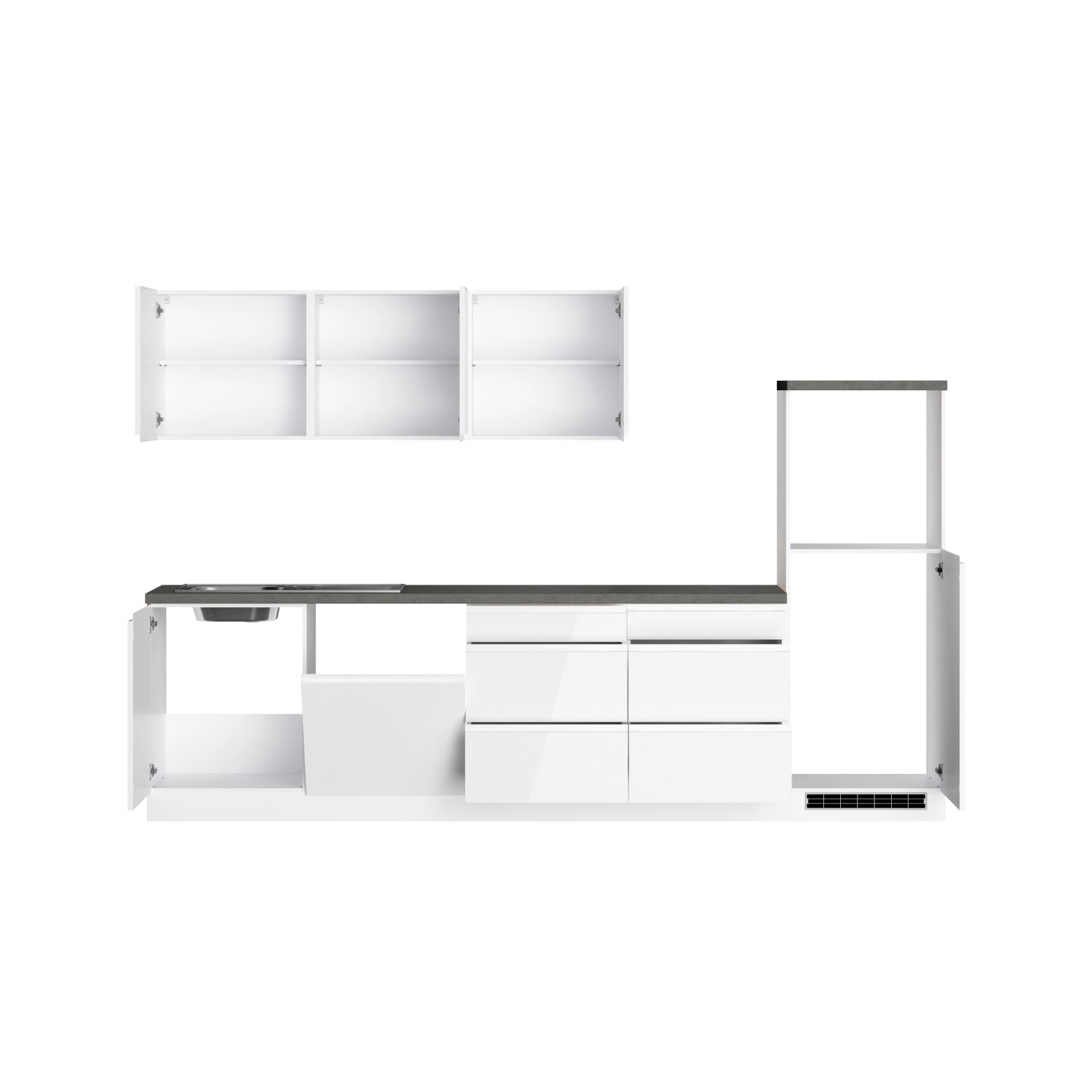 Moderne Küchenzeile Gera 300 cm in Weiß/Beton ohne E-Geräte. Einbauküche mit Hänge- und Unterschränken.