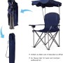 Blauer faltbarer Campingstuhl mit Sonnenschutz, Getränkehaltern und Tragetasche. Perfekt für Garten & Camping.