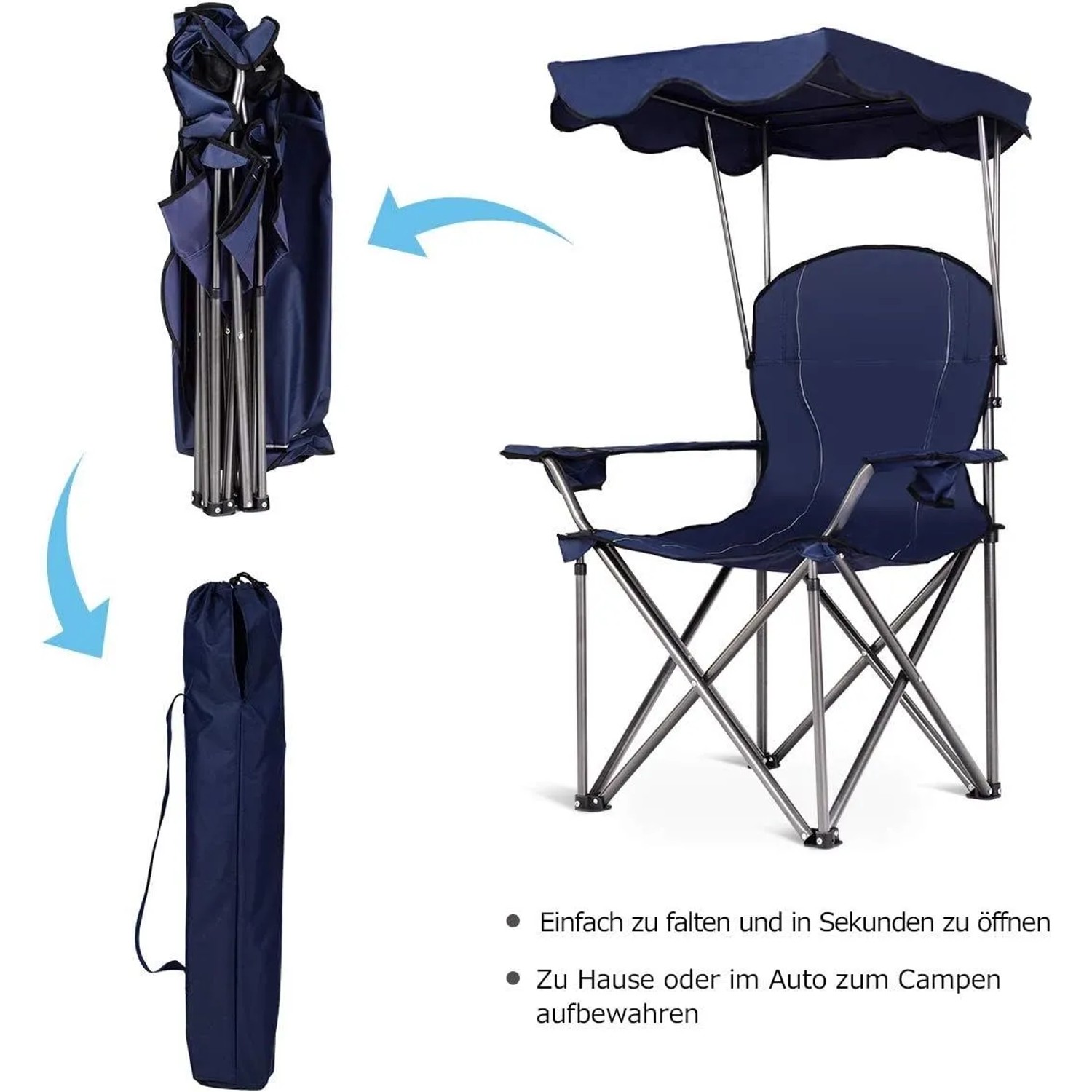 Blauer faltbarer Campingstuhl mit Sonnenschutz, Getränkehaltern und Tragetasche. Perfekt für Garten & Camping.
