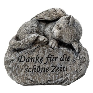 Flower Power Grabdeko: Schlafende Katze mit Flügeln auf Stein, Grabkerze für Hund und Katze.
