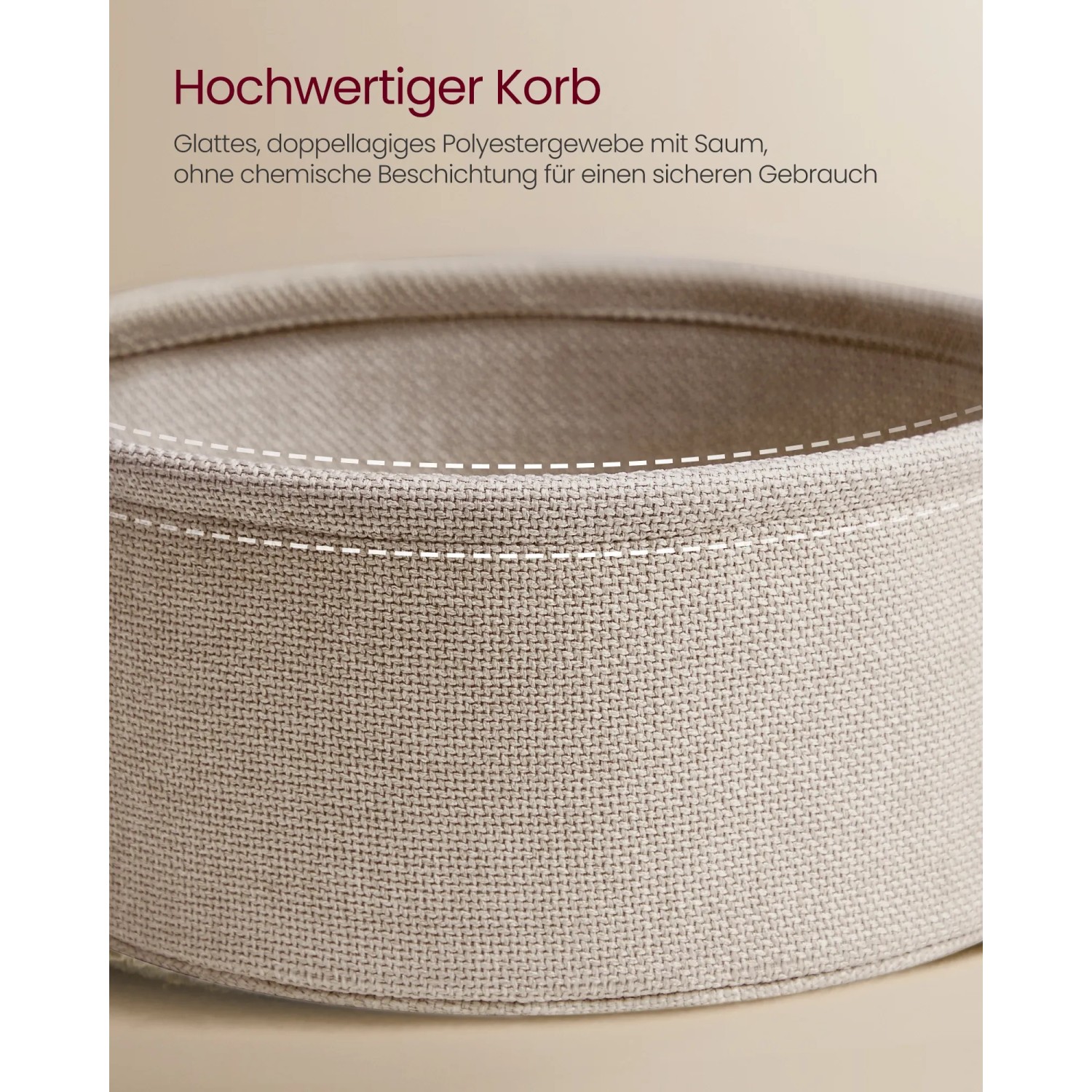 Detailaufnahme Stoffkorb des Vasagle Couchtischs, beige. Stauraum für Wohnzimmer.