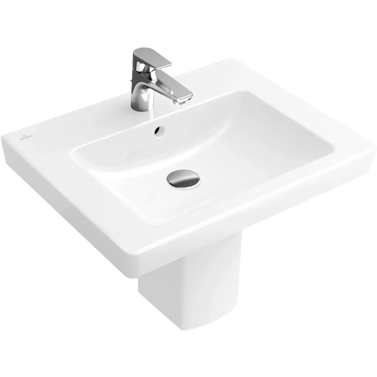 Villeroy & Boch Subway 2.0 Handwaschbecken, 600x470 mm, weiß, mit Überlauf und Hahnloch.