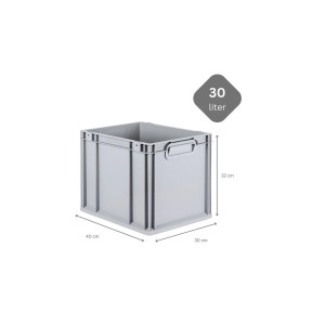 Graue PROREGAL Eurobox 30L mit Scharnierdeckel, gelben Verschlüssen und Maßangaben. Ideal zur Aufbewahrung.