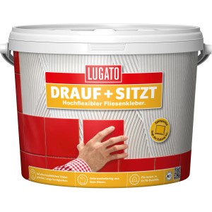 Eimer Fertigkleber Dispersionsklebstoff Drauf + Sitzt, geeignet für Fliesen im Innenbereich.