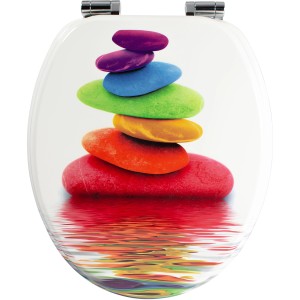 Sanfino WC-Sitz Rainbow Stone mit Absenkautomatik, Holz-Toilettendeckel mit bunten Steinen.