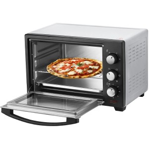 Steinborg Minibackofen SB-3012 mit Pizza im Garraum, silber/schwarz.