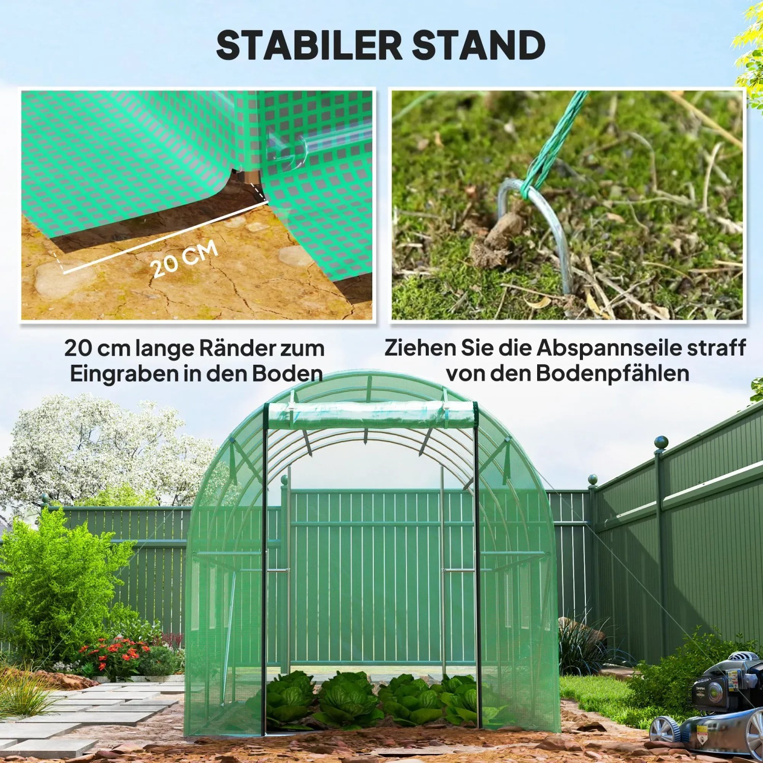 Detailansicht: Outsunny Folientunnel mit Erdanker, stabile Verankerung im Boden für sicheren Stand.