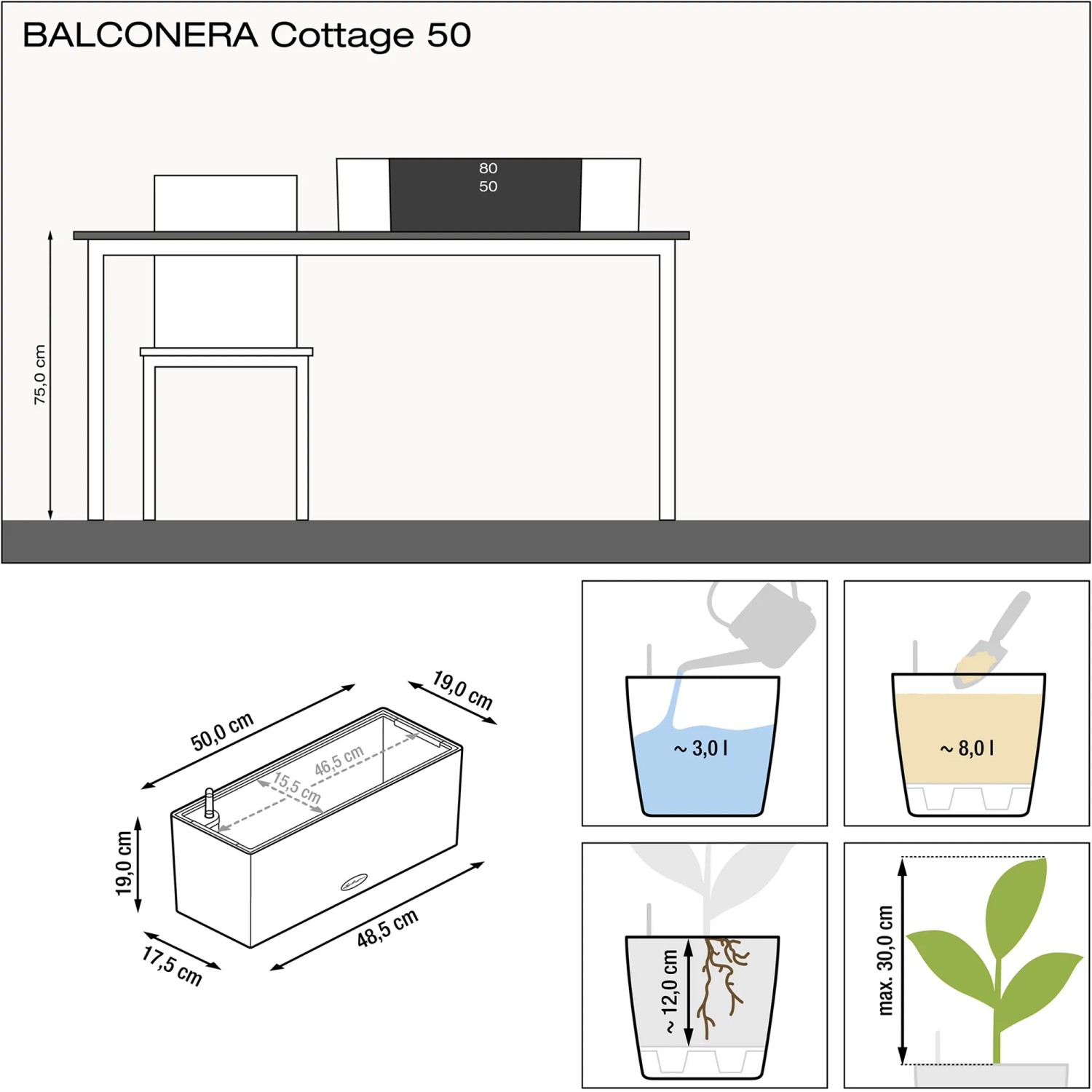 Lechuza Balconera Cottage 50, lichtgrauer Blumenkasten mit Maßen. Schemazeichnung.