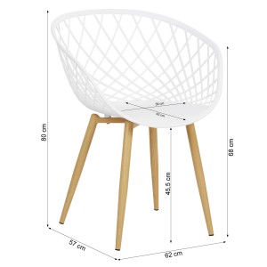 Homestyle4u Gartenstuhl 2er Set, weiße Kunststoffschale mit Holzoptik Beinen und Maßangaben.