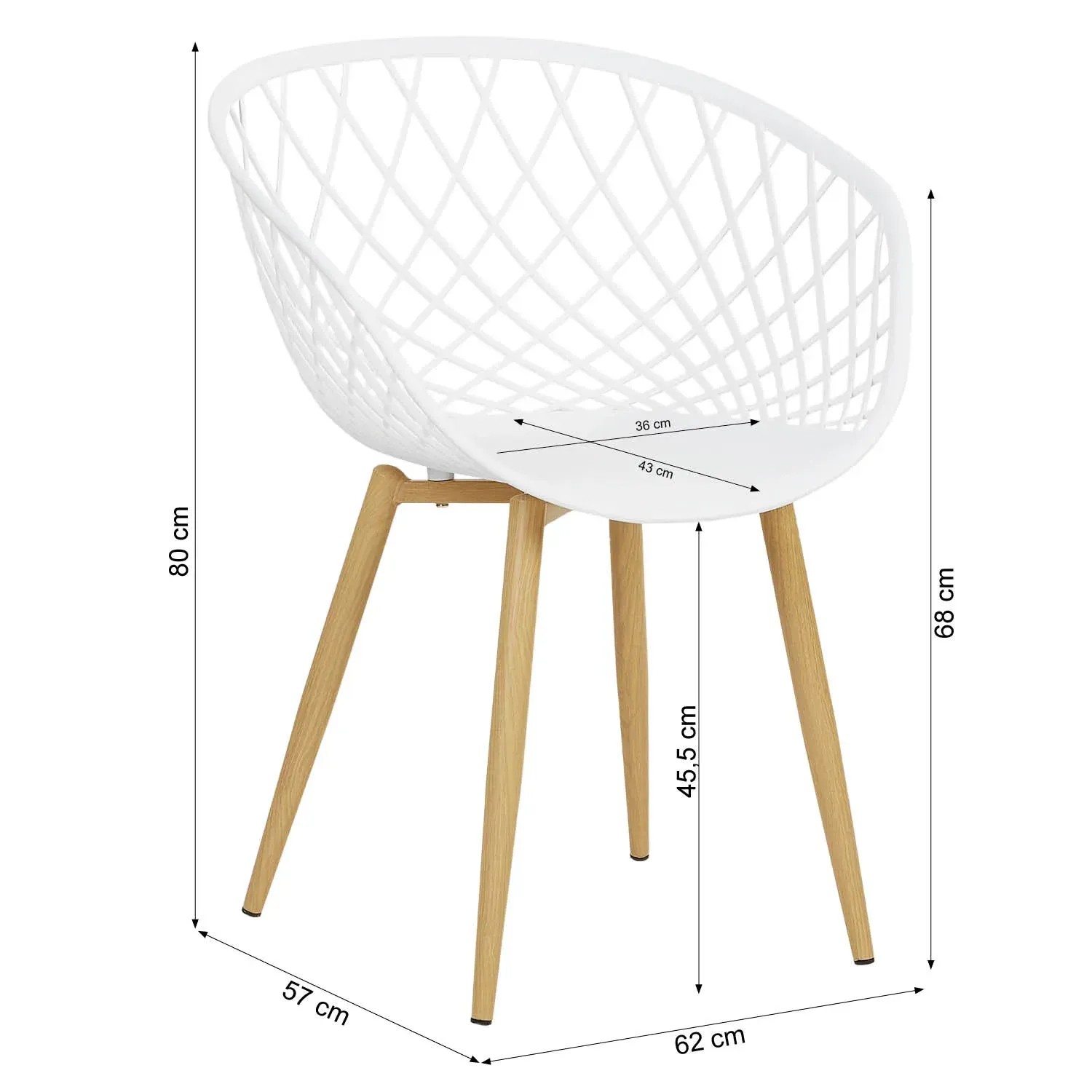 Homestyle4u Gartenstuhl 2er Set, weiße Kunststoffschale mit Holzoptik Beinen und Maßangaben.
