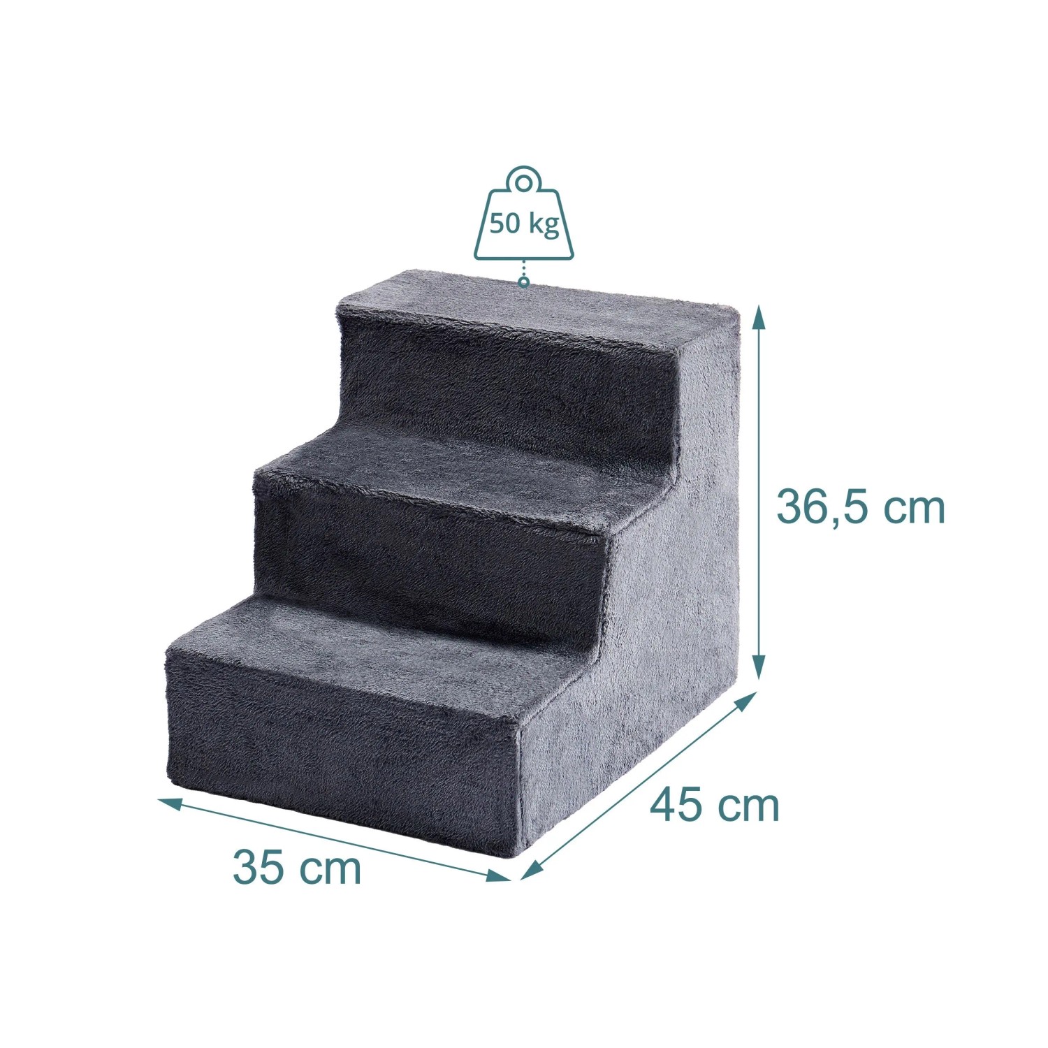 Graue 3-stufige Hundetreppe aus MDF mit Polyesterbezug, 36,5x35x45 cm, bis 50 kg belastbar.