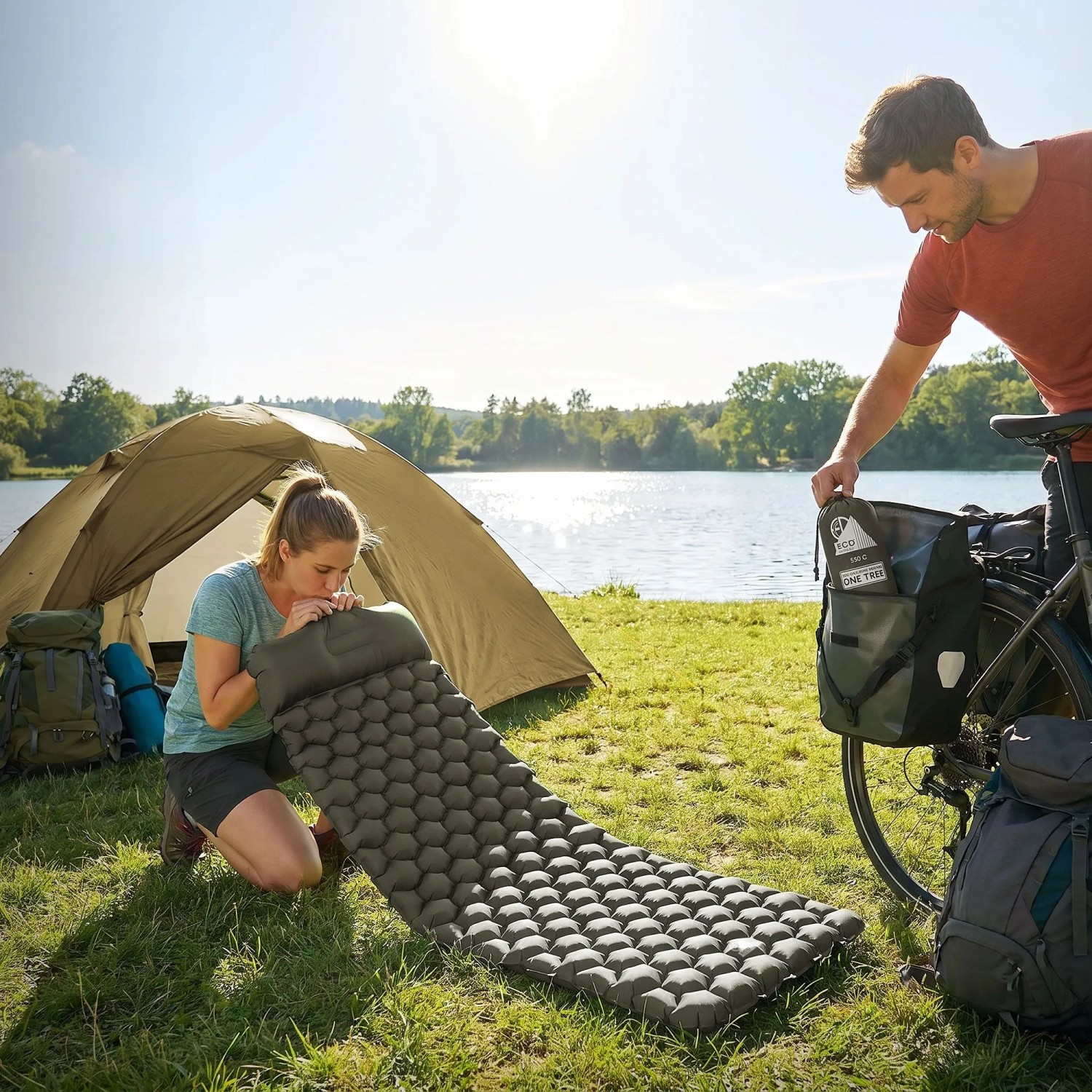 Graue ECD Germany Isomatte (185x62x15 cm) aus Nylon beim Camping mit Zelt und See.