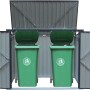 Graue Metall Mülltonnenbox für zwei 240 Liter Tonnen, mit geöffneten Türen und Deckel.