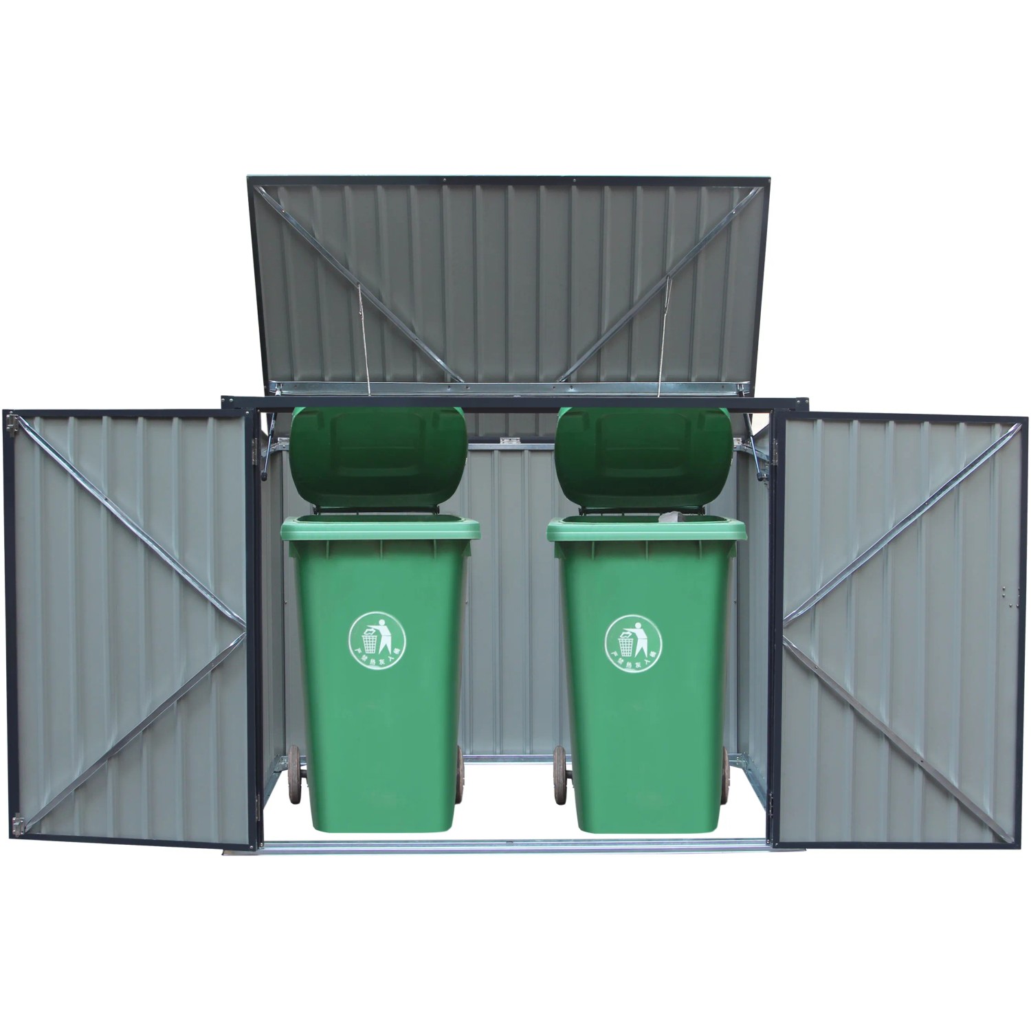 Graue Metall Mülltonnenbox für zwei 240 Liter Tonnen, mit geöffneten Türen und Deckel.