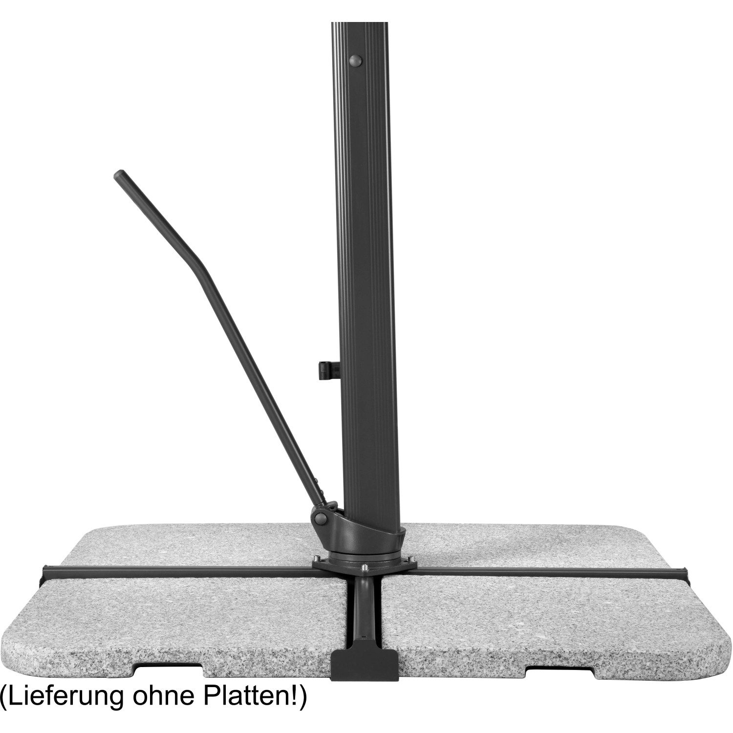 Detailaufnahme des silbergrauen Schneider Ampelschirm-Fußes mit Drehfunktion (ohne Platten).