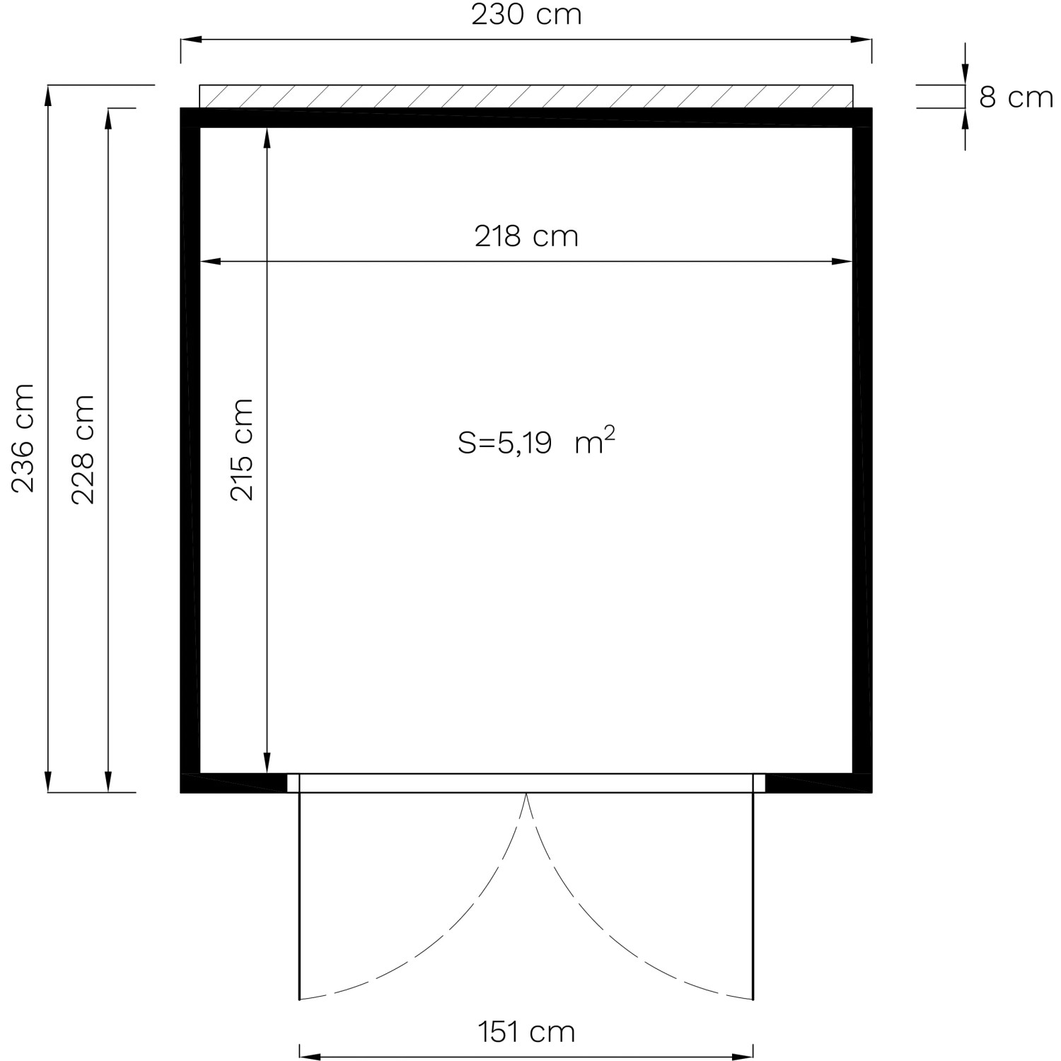 Grundriss Bertilo Gartenhaus HPL 1 Anthrazit-Grau, 228x230 cm, Maße und Türöffnung.