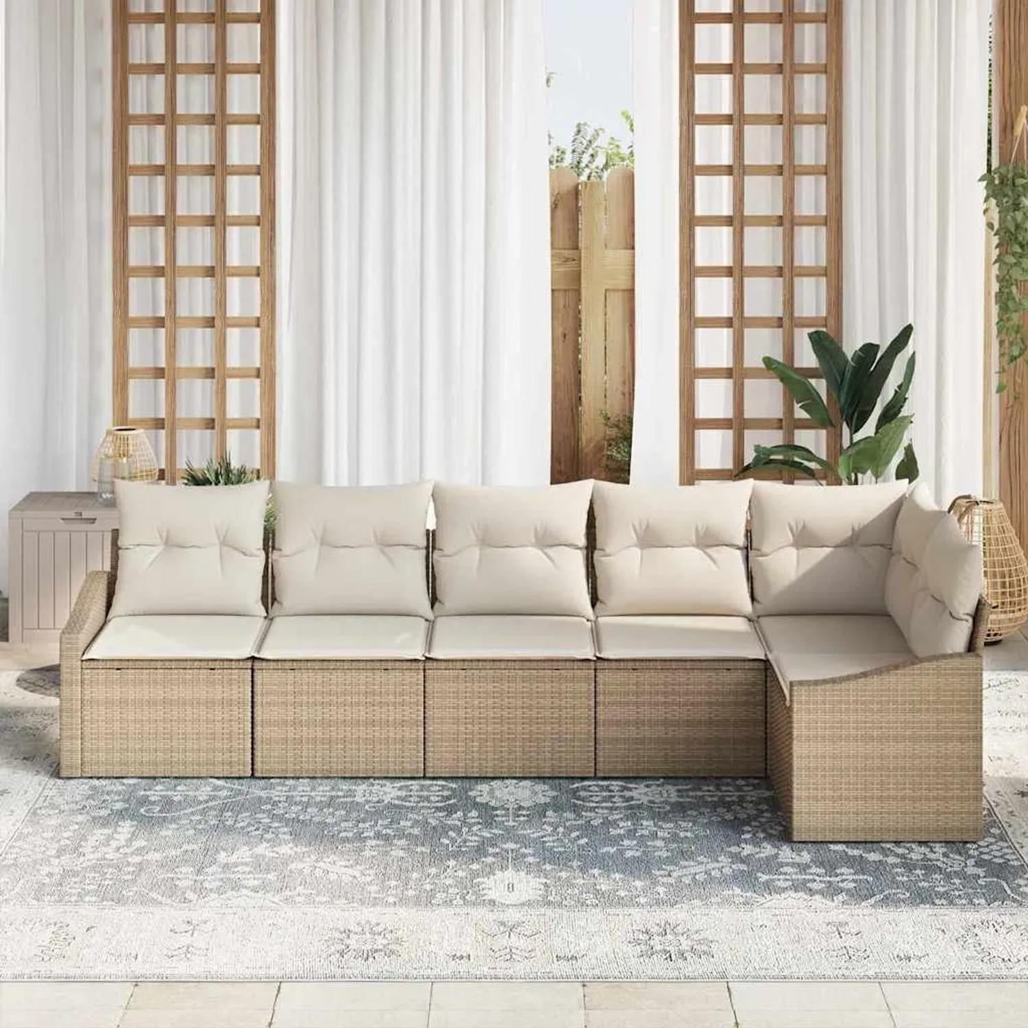 Beiges 6-teiliges Garten-Sofa-Set aus Poly Rattan von vidaXL für den Außenbereich.