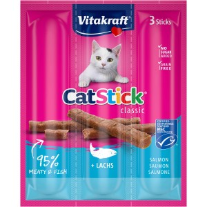 Vitakraft Cat Stick Lachs, 3er-Pack. Katzenleckerli mit Lachs in MSC-Qualität.