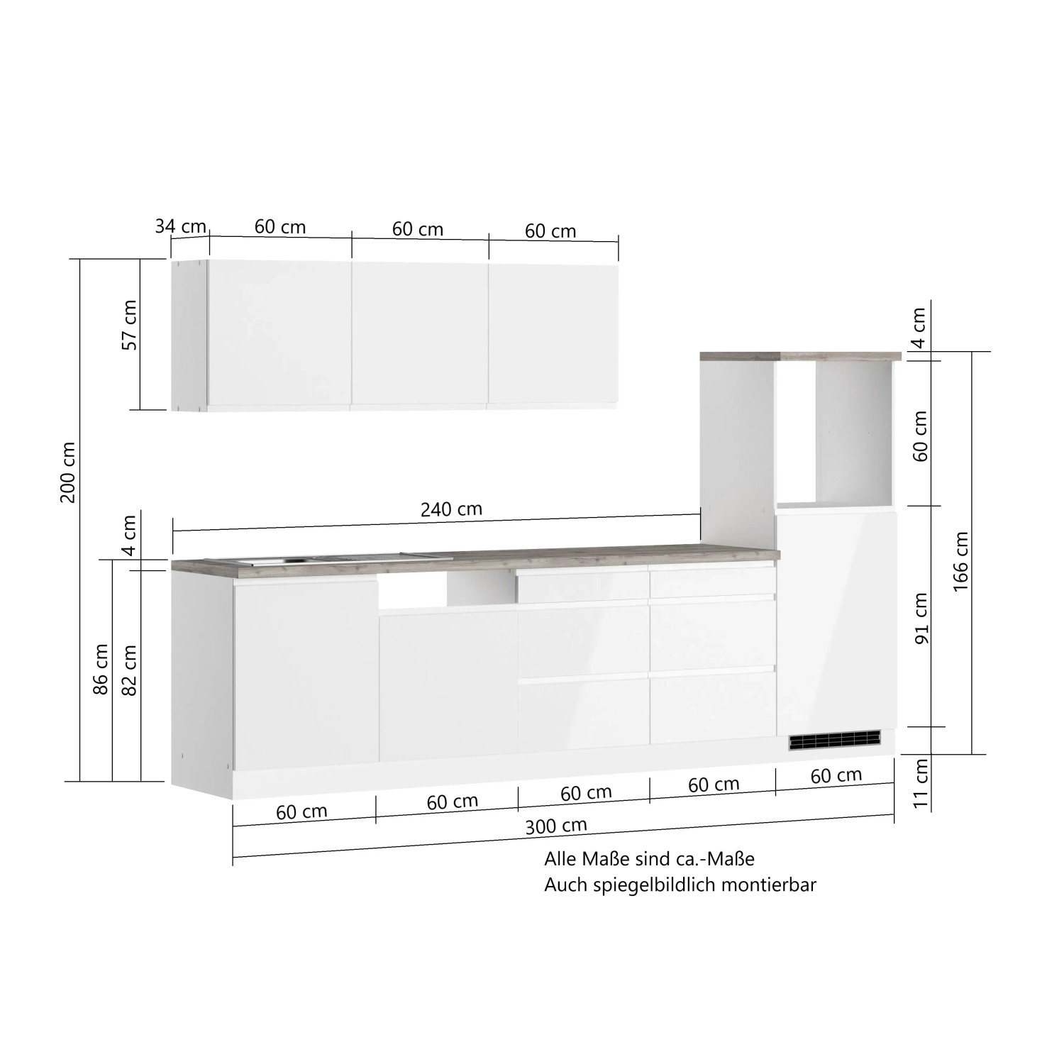 Küchenzeile Gera 300 cm in Weiß/Wotan, ohne E-Geräte. Maße und Anordnung der Elemente sind dargestellt.