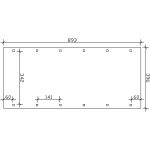 Skizze des Skan Holz Carport Spreewald (396x893cm) mit Maßangaben für Planung und Aufbau.