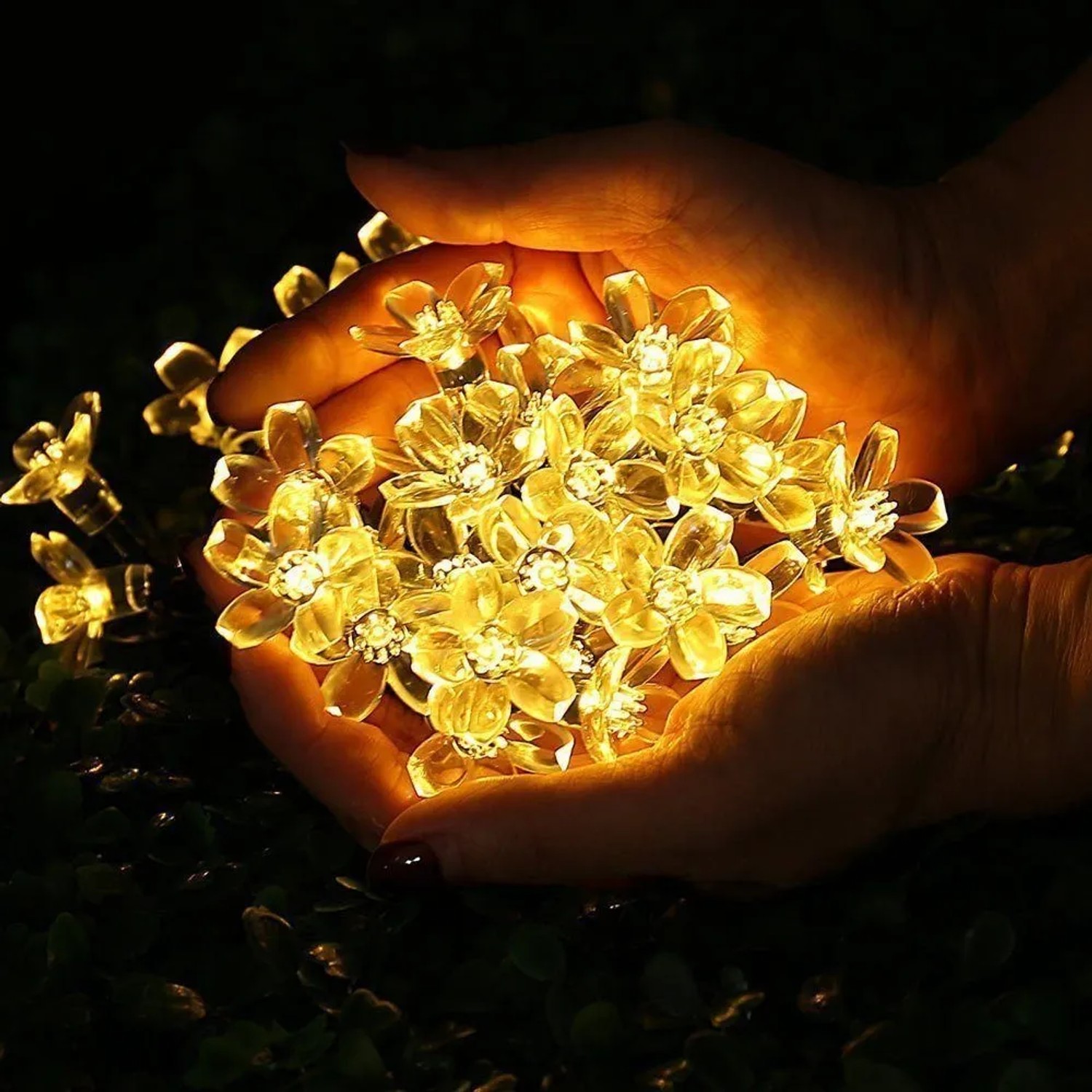 Warmweiße LED Solar-Lichterkette mit Kirschblüten in Händen, leuchtend im Dunkeln. Ideal für Garten-Dekoration.