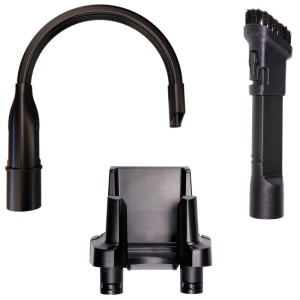 Drei schwarze Einhell Staubsauger Zubehörteile: flexible Fugendüse, 2-in-1 Bürste und Wandhalterung.