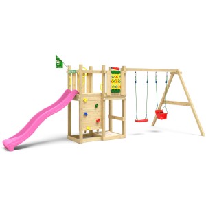 Jungle Gym Spielturm Ledge mit Doppelschaukel, Tic Tac Toe, Rutsche in Fuchsia und Kletterwand.