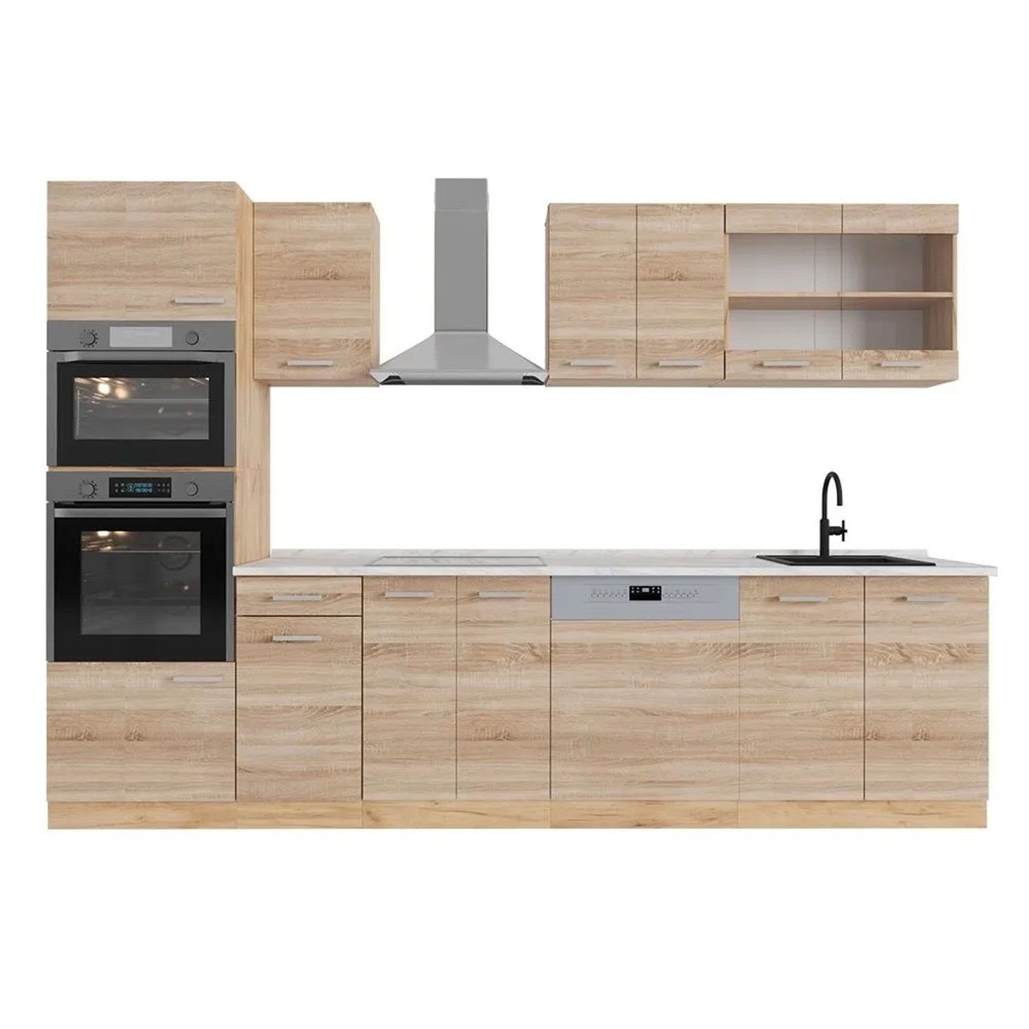 Vicco R-Line Küchenzeile Sonoma Goldkraft Eiche 300 cm mit HochschrankAP Marmor ohne E-Geräte