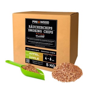 PINI Räucherchips Apfel 5 kg, 4-6 mm, in Karton und Schaufel. Natürliche Räucherspäne für Grill & Smoker.