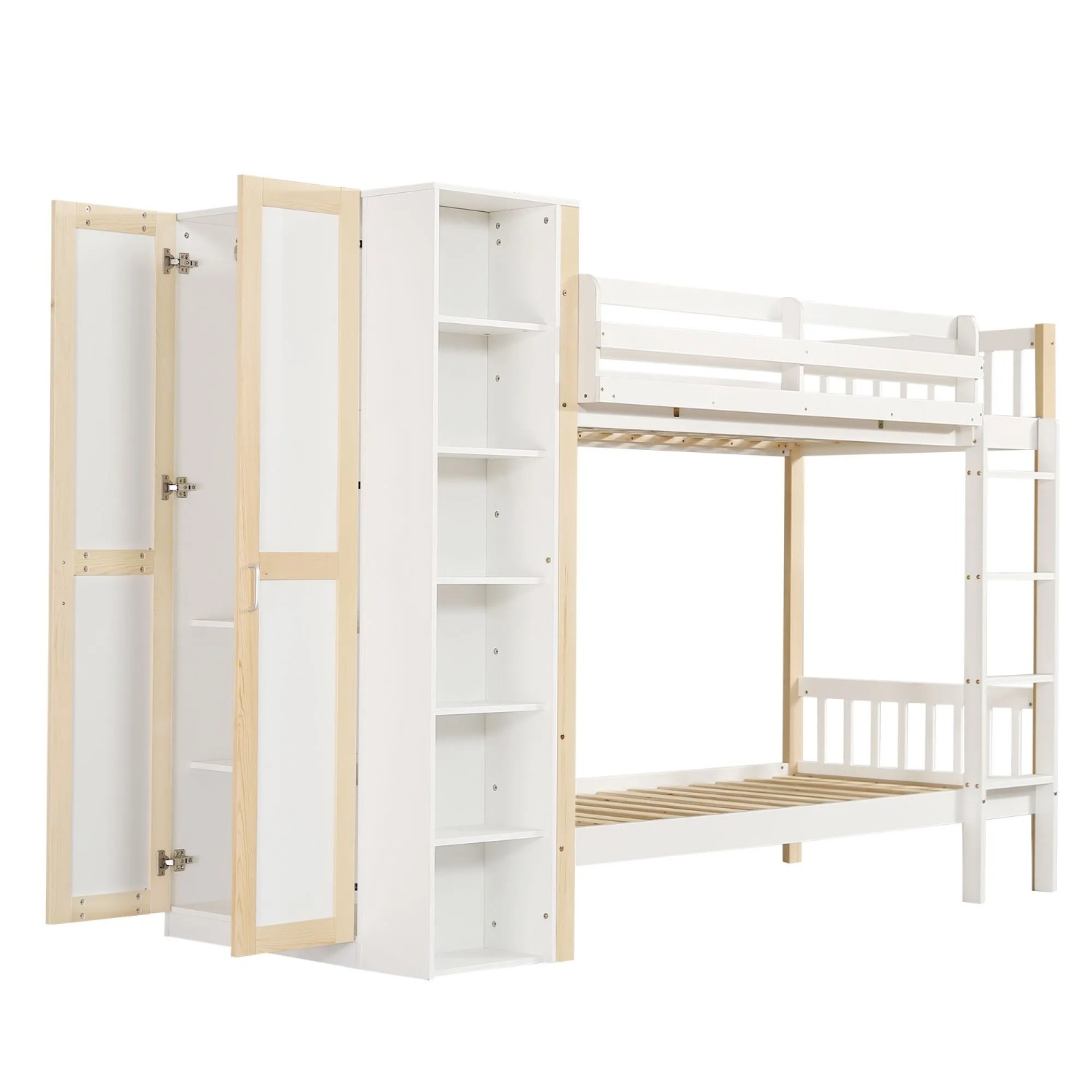 KOMHTOM Etagenbett 90x200Cm Kinderbett Mit Fallschutz Gitter 4-Stufiger Leiter 6 Offenen Regalen Und Kleiderschrank Kiefer+Pb Weiß+Natur
