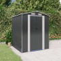 Anthrazitfarbener Geräteschuppen aus verzinktem Stahl im Garten.