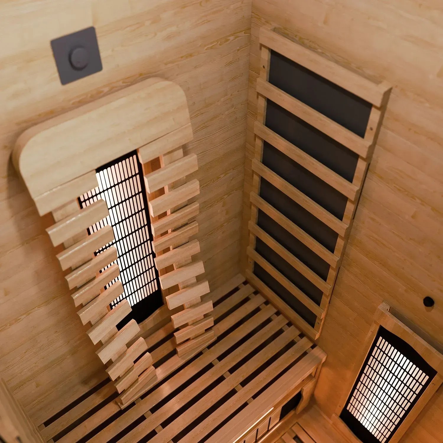 Innenansicht Artsauna Infrarotkabine Kiruna90 Premium aus Hemlock-Holz mit Dual Technologie.
