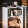 SoBuy Hochschrank BZR155-W: Weißer Badschrank mit Fächern und Wäschesack.