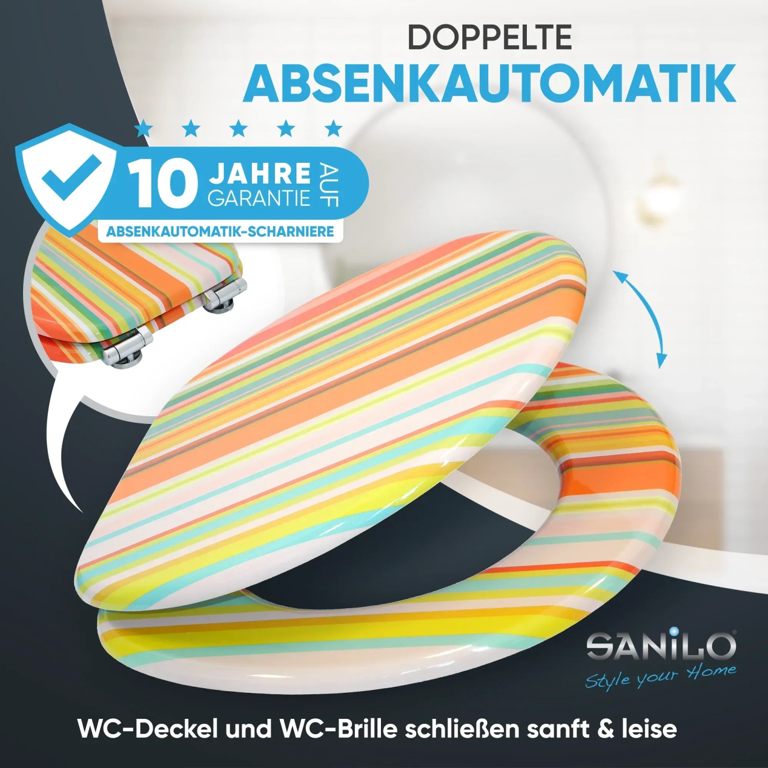 Sanilo WC-Sitz Starstripes mit Absenkautomatik, Toilettendeckel aus Holz mit bunten Streifen.