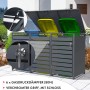KARAT Mülltonnenbox Magnus, 3-türig, mit geöffneten farbigen Mülltonnen und Detailaufnahmen.