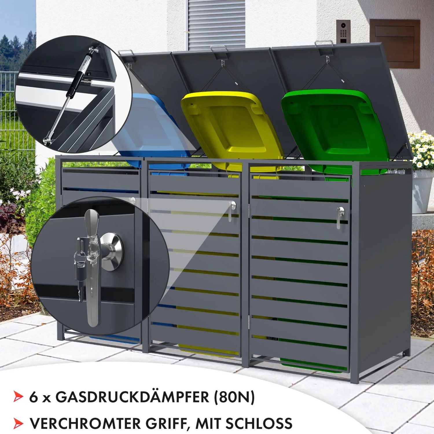 KARAT Mülltonnenbox Magnus, 3-türig, mit geöffneten farbigen Mülltonnen und Detailaufnahmen.