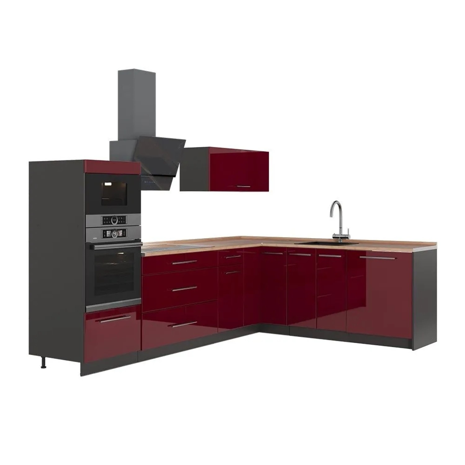 Vicco Eckküche Fame-Line Bordeaux Hochglanz/Anthrazit 287 x 154 AP Eiche Art Nr 63480