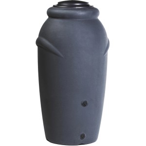 Anthrazitfarbene Waterform Regentonne Aquacan 210 l in Amphorenform mit Deckel und zwei Anschlüssen.