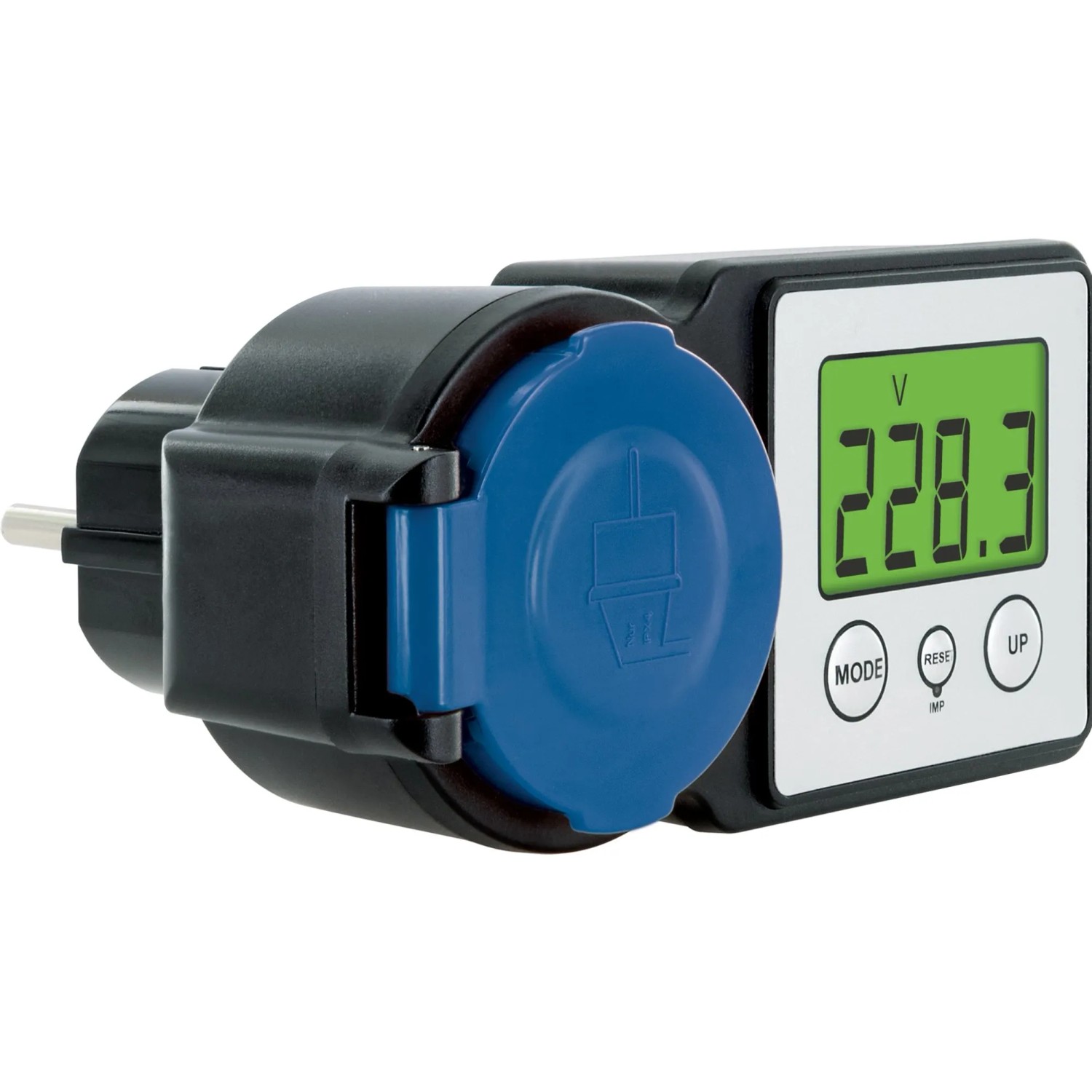 Schwaiger Energiekostenmessgerät STEM1044 mit Display zur Messung von Stromverbrauch und Einspeisung.