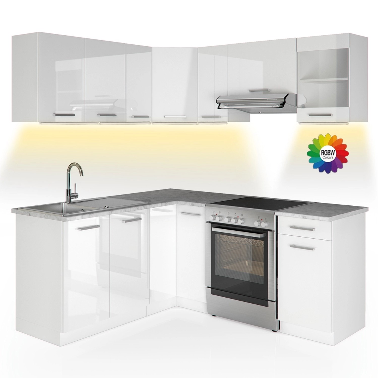 Vicco Rick Eckküche Weiß/Weiß Hochglanz 187 x 167 cm AP Marmor mit LED-Leis günstig online kaufen