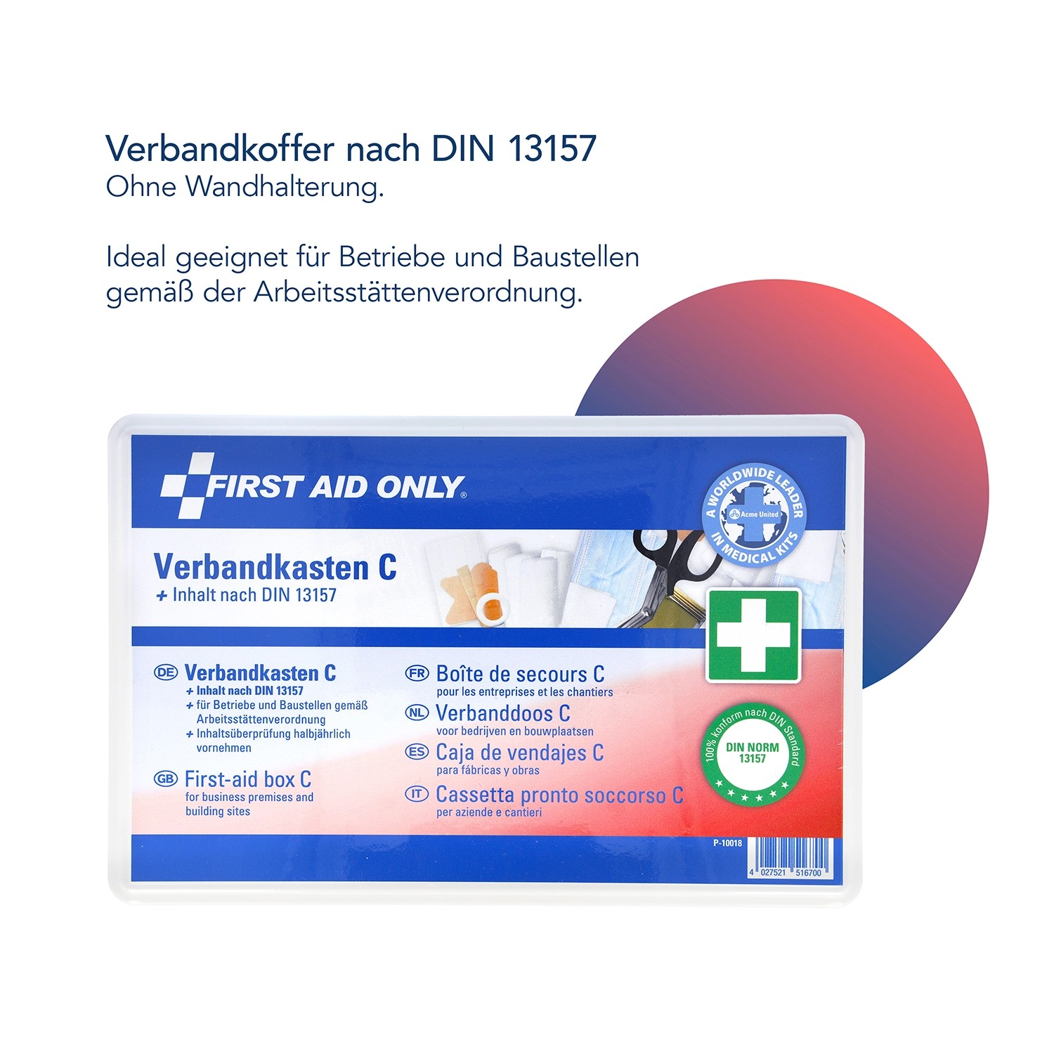 Weißer First Aid Only Verbandkasten C nach DIN 13157 für Erste Hilfe in Betrieben und auf Baustellen.