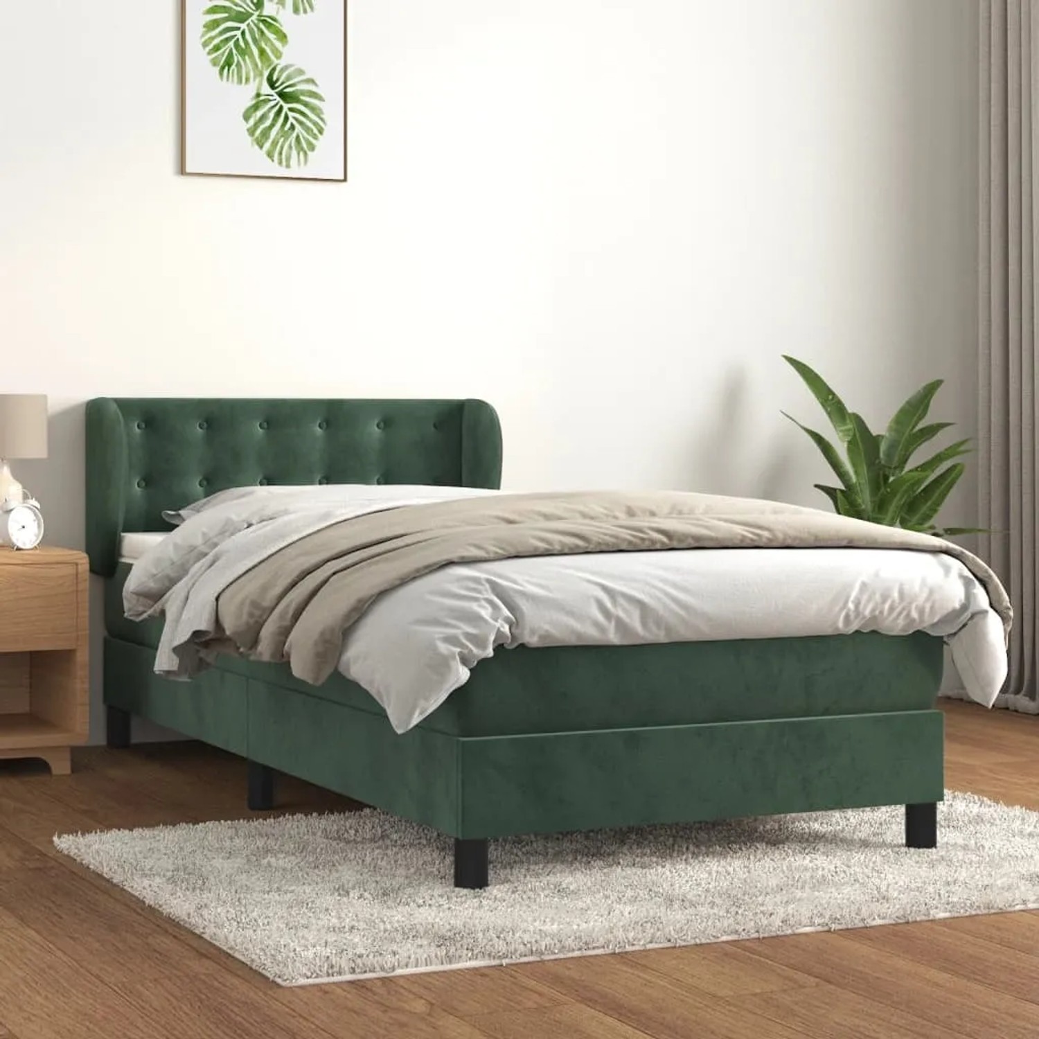 Dunkelgrünes Boxspringbett (90x200 cm) mit Matratze und Samtbezug.