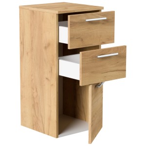 Posseik Midischrank 75 cm Eiche Gold mit zwei Schubladen und einer Tür geöffnet.