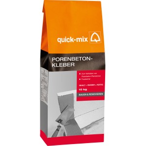 Quick-Mix Porenbetonkleber, 10 kg Sack, zum Verkleben von Porenbetonsteinen.