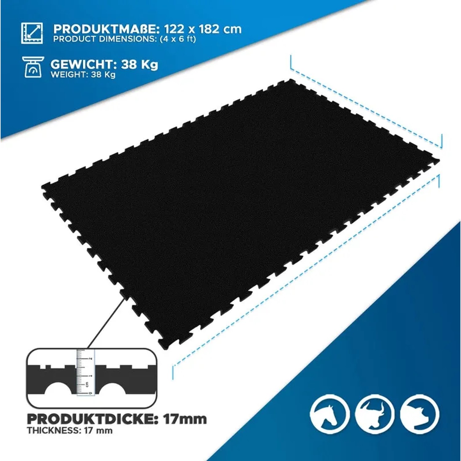 Schwarze KARAT Stallmatte Pontiac aus Gummi, 122x182 cm, wasserbeständig und mit Interlocking-System.